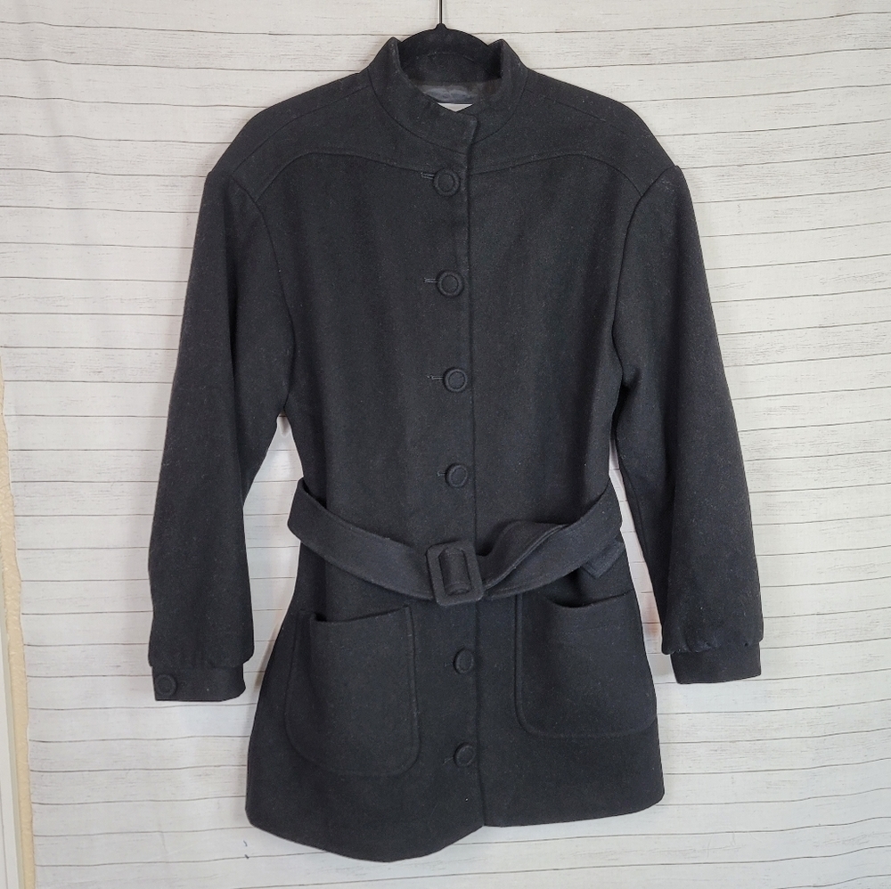 SOMETHING NAVY BLACK WOOL BLEND PEA COAT W BELT, SZ SMALL